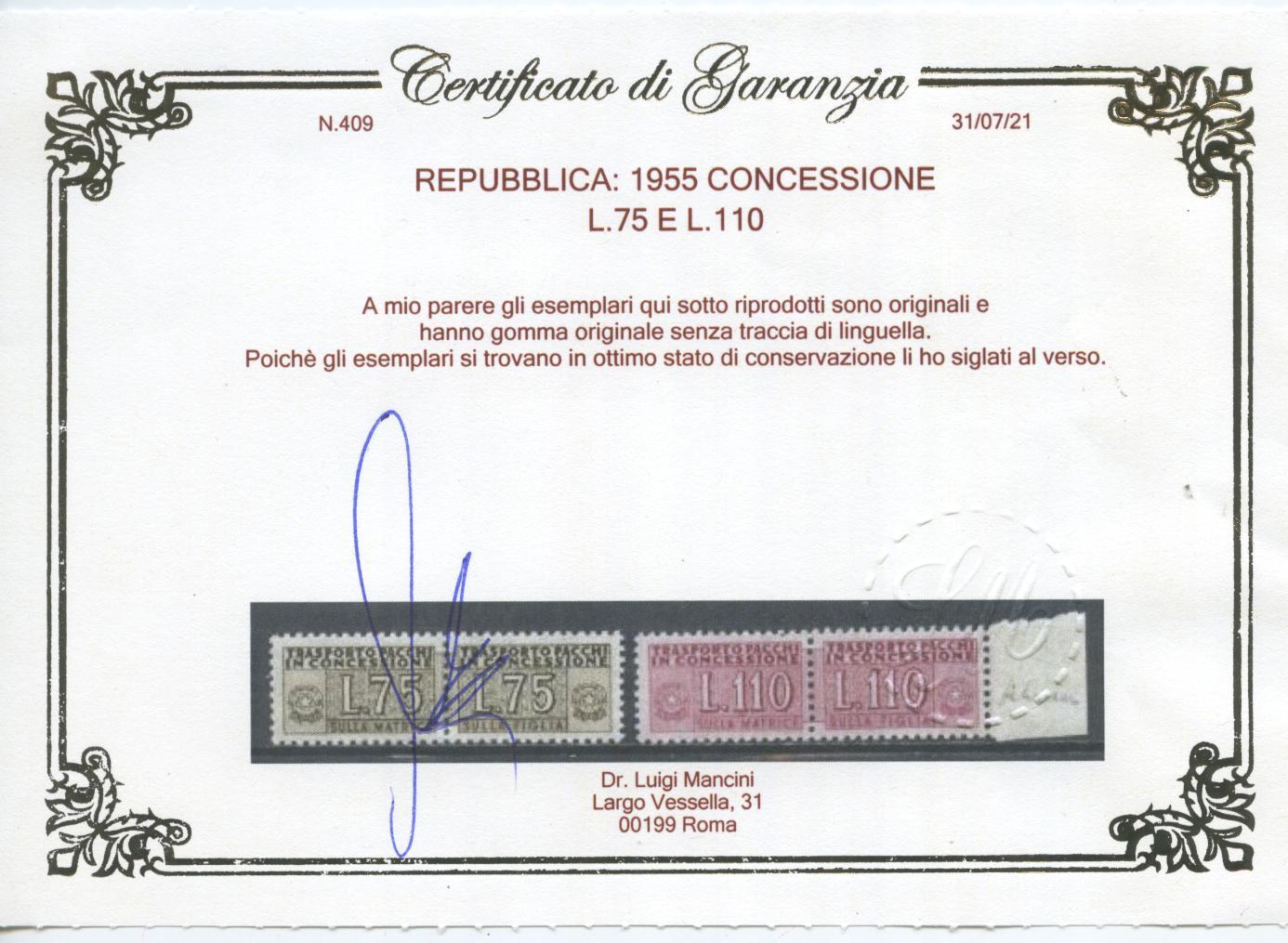 Scansione lotto: REPUBBLICA 1955 CONCESSIONE L.75 E 110 6 ** LUSSO CERT.