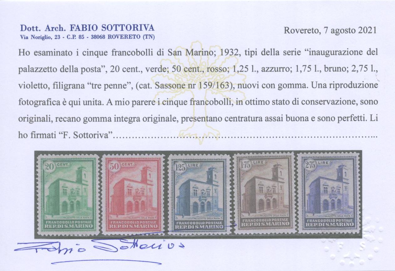 Scansione lotto: SAN MARINO 1932 PALAZZETTO 5V. 3 ** CENTRATO CERT.