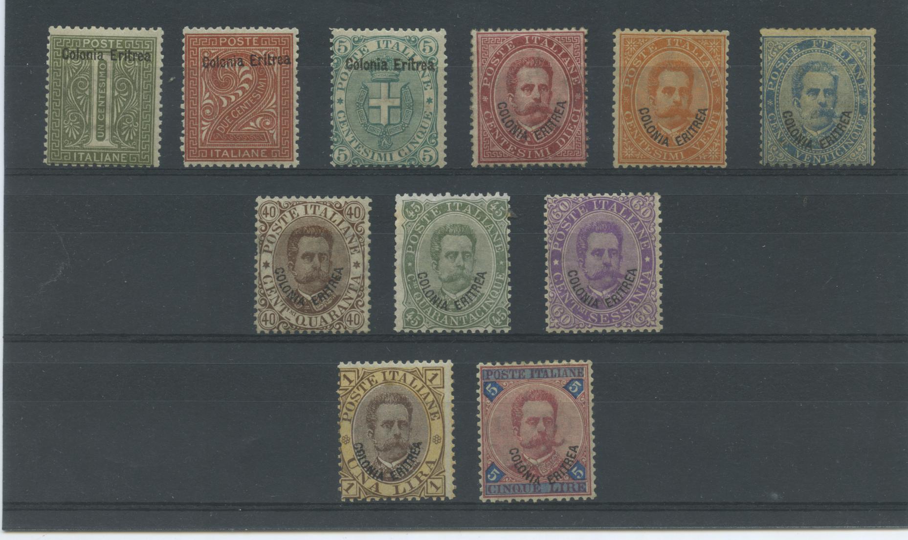 Scansione lotto: COLONIE ERITREA 1893 SOVR. 11V. 3 ** CENTRATO CERT.