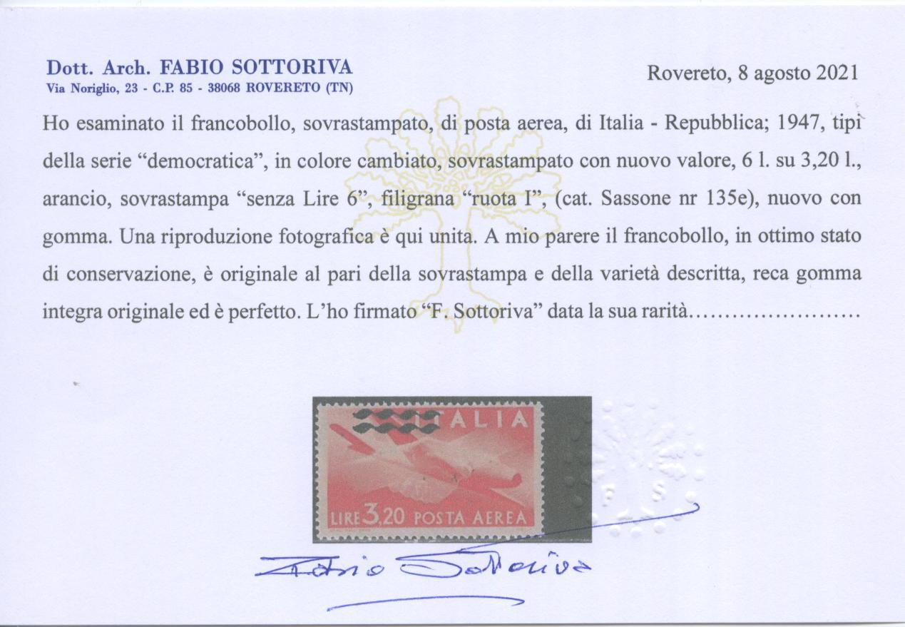 Scansione lotto: REPUBBLICA 1947 L.6 SU L.3,20 135e **  CERT.