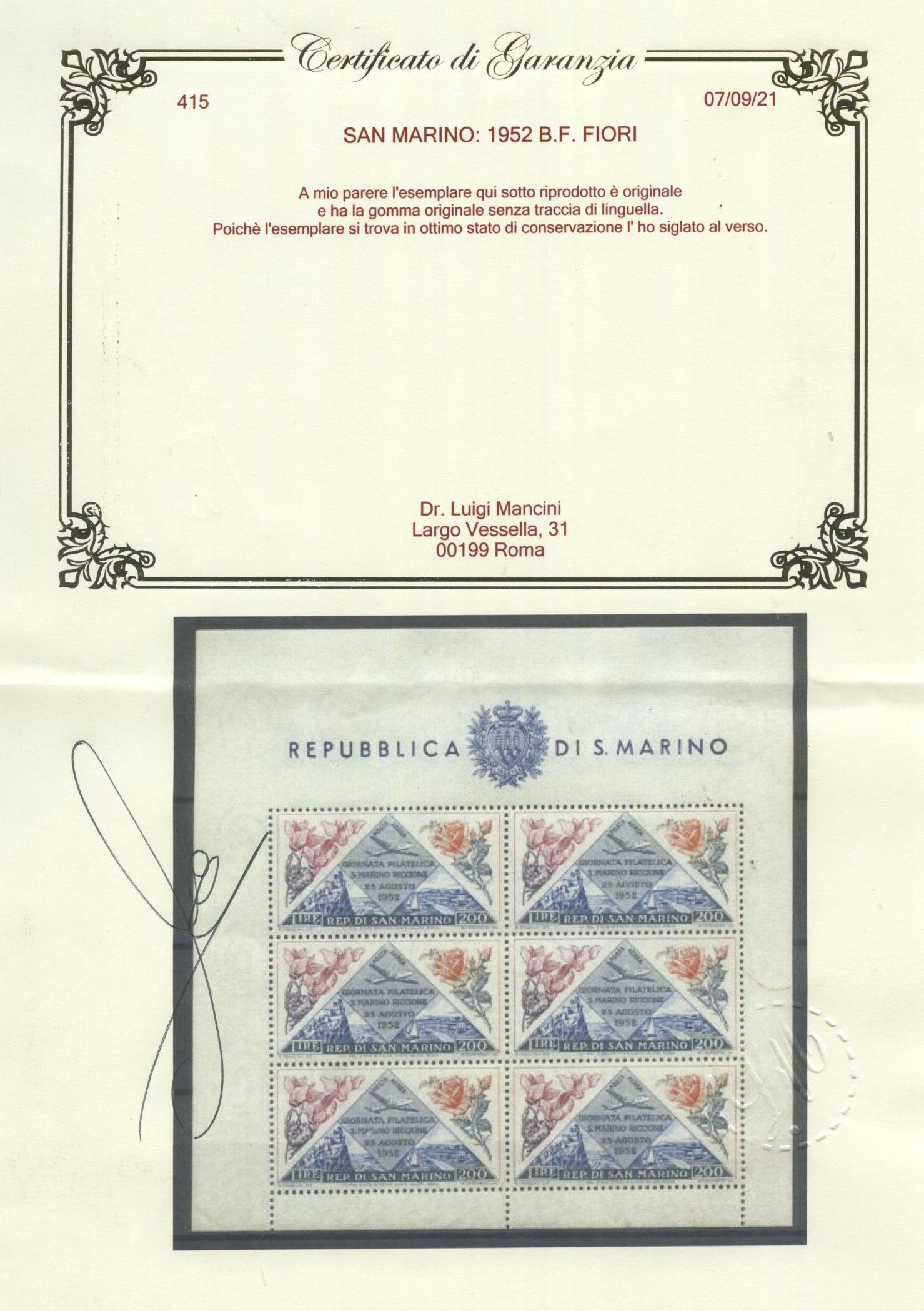 Scansione lotto: SAN MARINO 1952 B.F. FIORI 2 **  CERT.