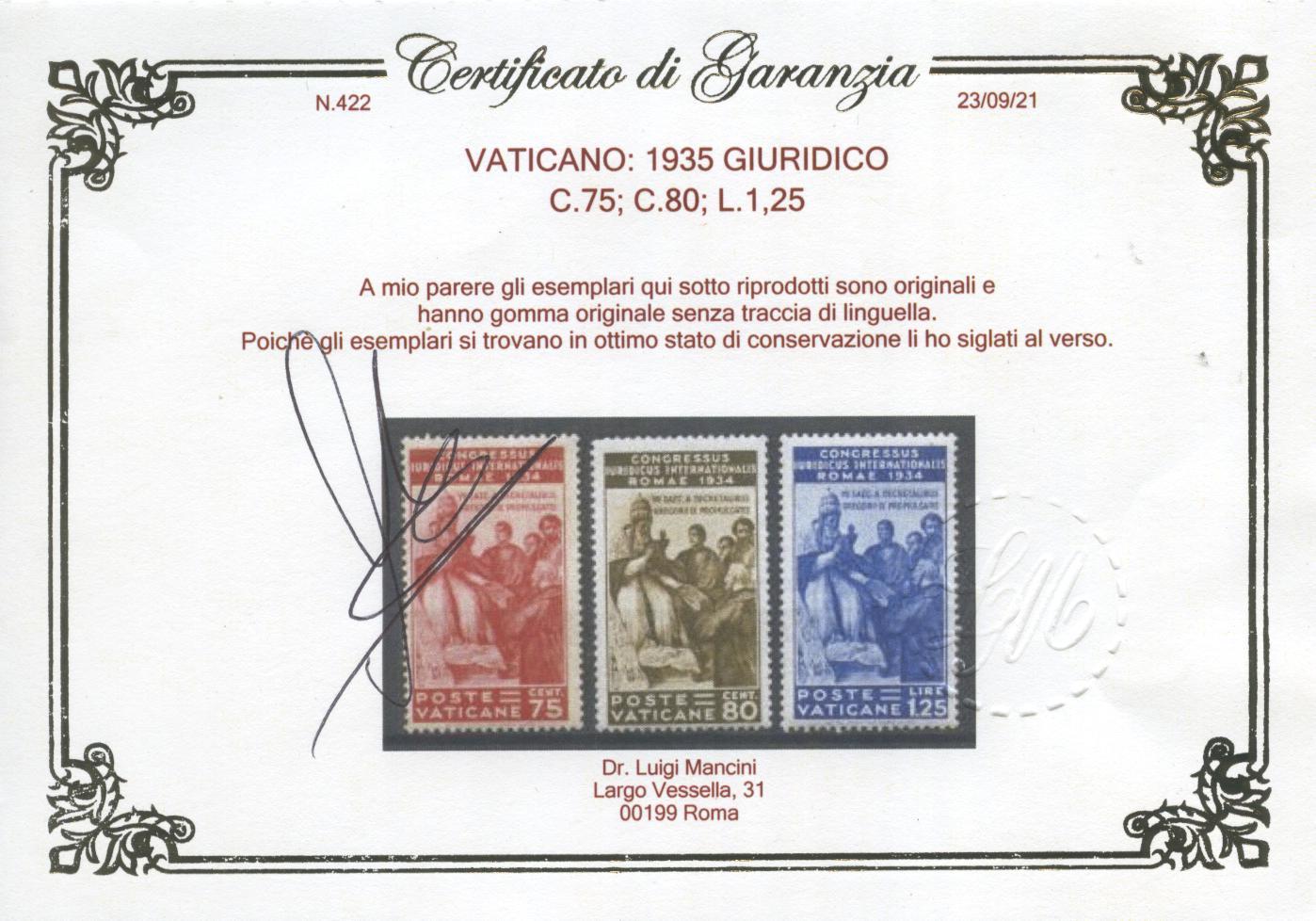 Scansione lotto: VATICANO 1935 GIURIDICO 6V. 3 **  CERT.