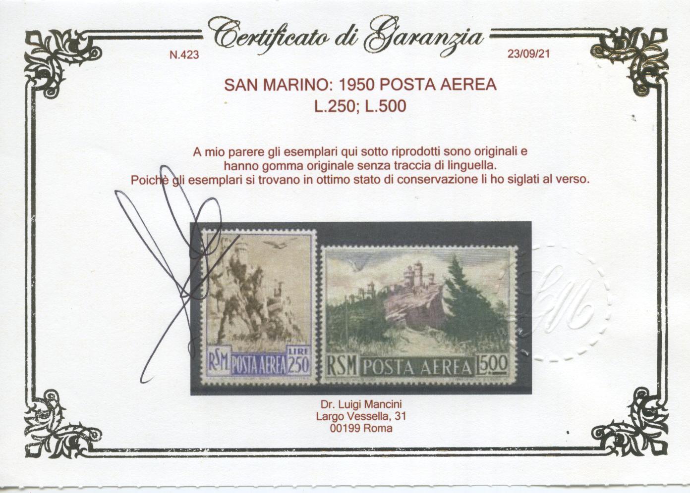 Scansione lotto: SAN MARINO 1950 POSTA AEREA 9V. 2 ** LUSSO CERT.