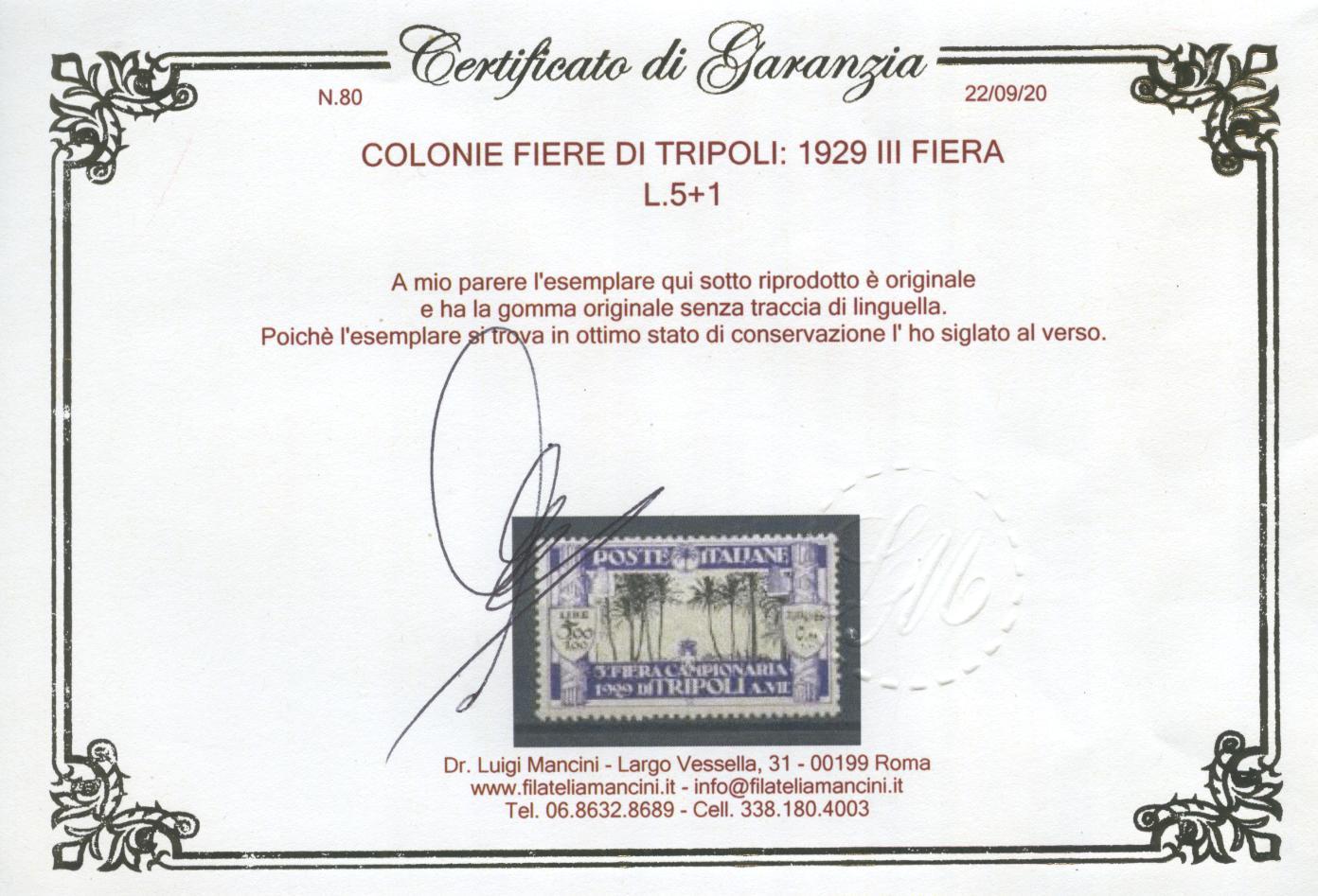 Scansione lotto: COLONIE FIERE DI TRIPOLI 1929 III FIERA 6V. 4 **  CERT.