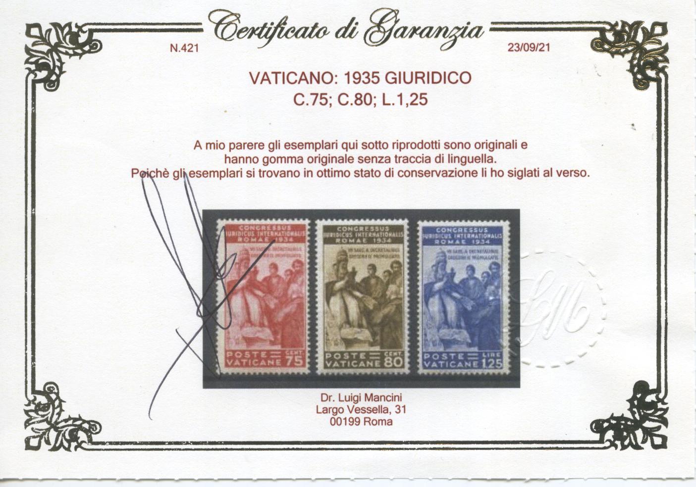 Scansione lotto: VATICANO 1935 GIURIDICO 6V. 5 **  CERT.