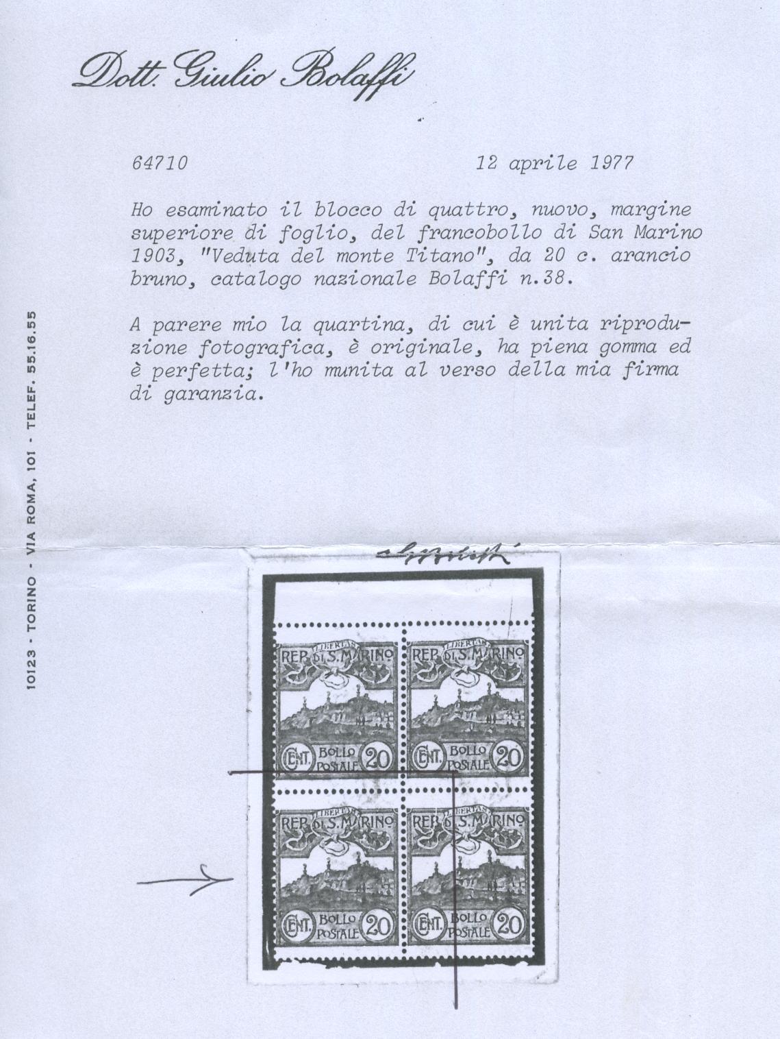 Scansione lotto: SAN MARINO 1903 CIFRA E VEDUTE C.200 ** CENTRATO CERT.