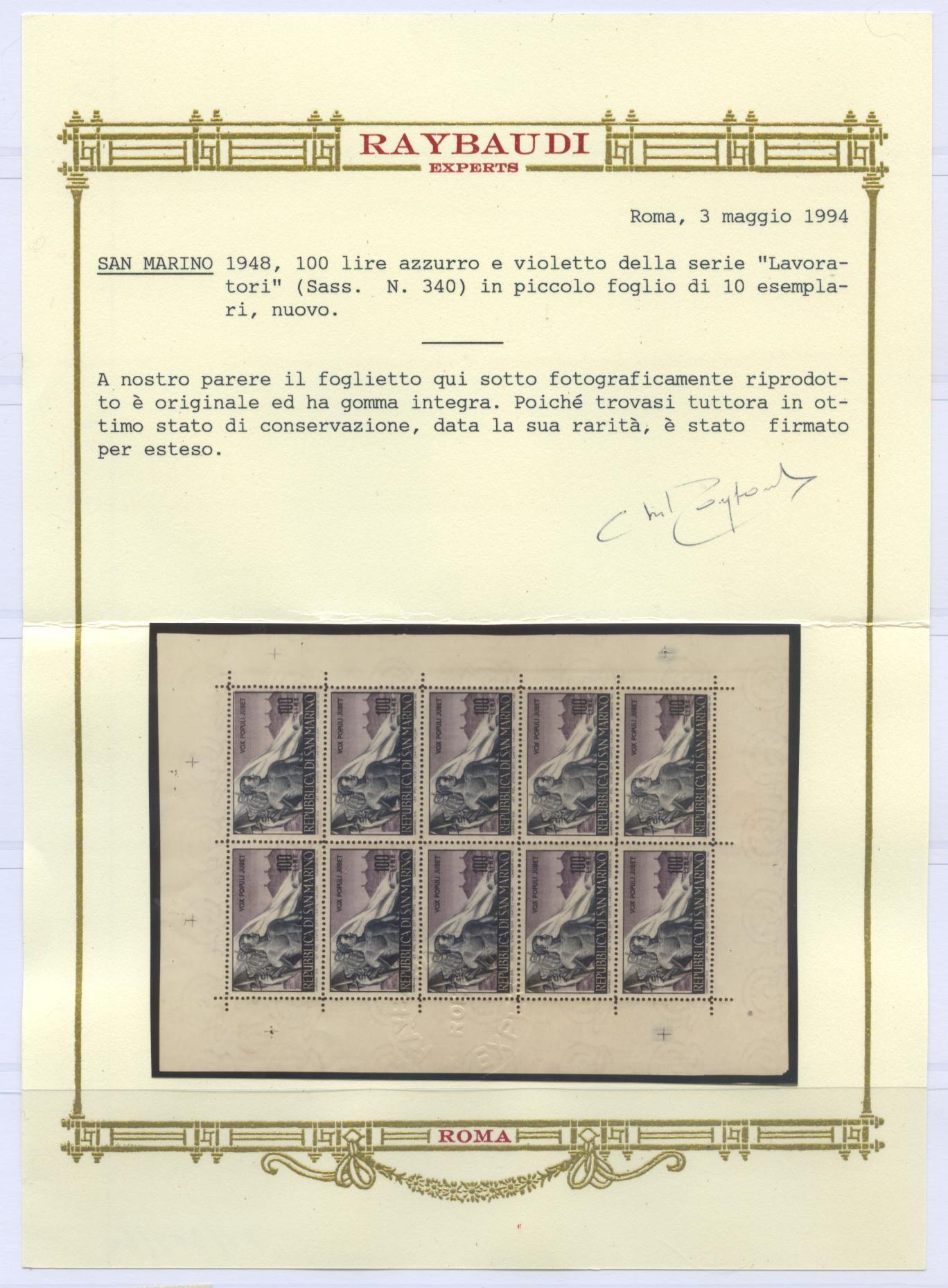 Scansione lotto: SAN MARINO 1948 B.F. LAVORATORI 2 ** LUSSO