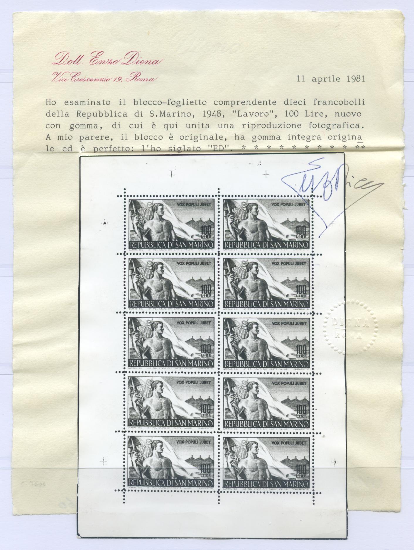 Scansione lotto: SAN MARINO 1948 B.F. LAVORATORI 2 ** LUSSO