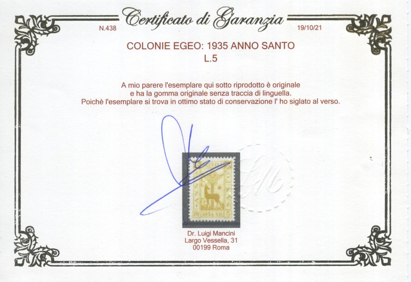 Scansione lotto: COLONIE EGEO 1935 ANNO SANTO 8V. 3 ** LUSSO CERT.