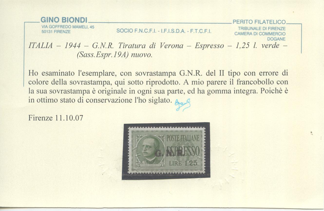 Scansione lotto: RSI E LUOGOTENENZA 1944 ESPRESSO N.19A **  CERT.