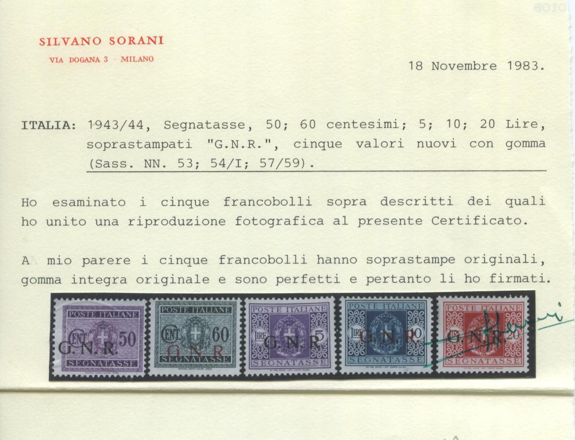 Scansione lotto: RSI E LUOGOTENENZA 1944 TASSE GNR 13V. 6 **  CERT.