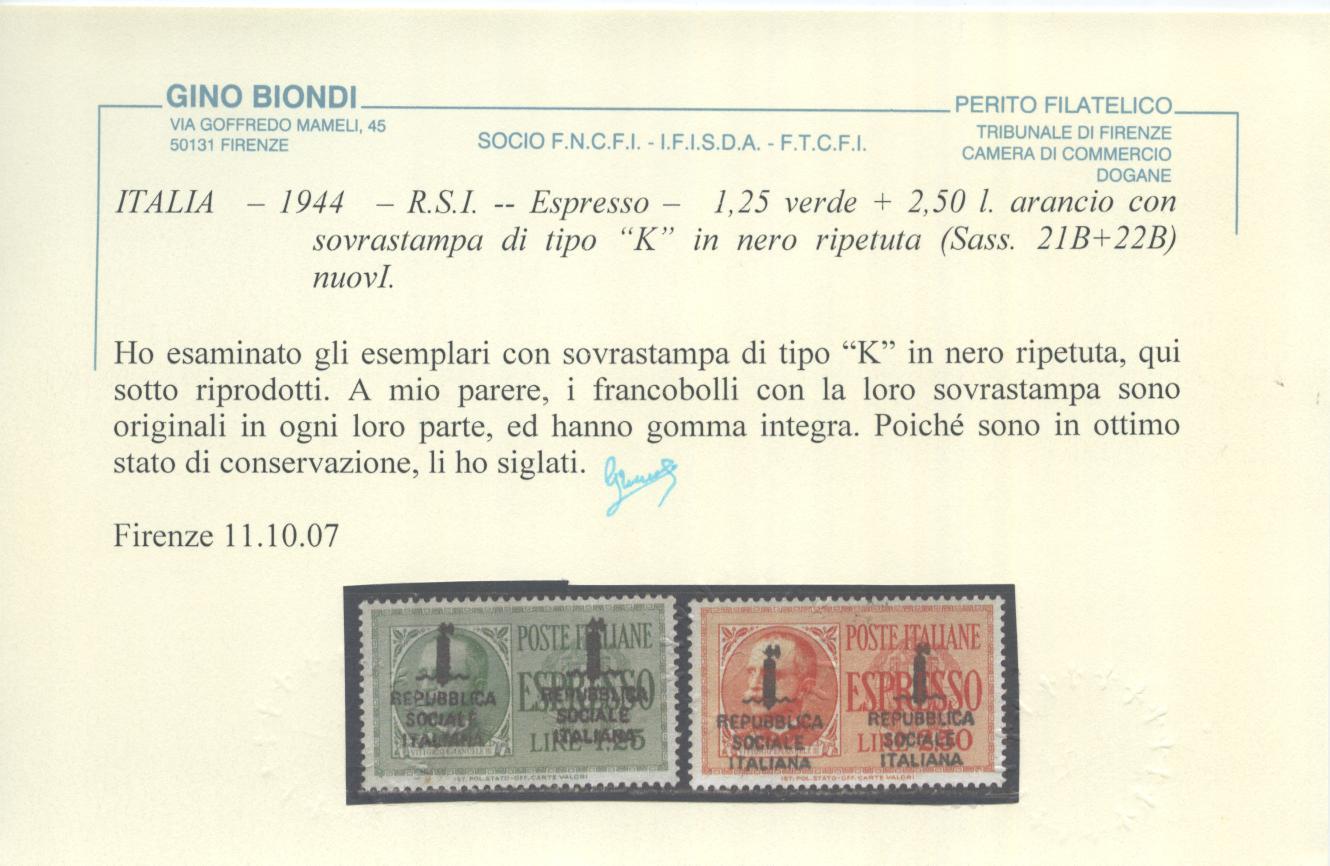 Scansione lotto: RSI E LUOGOTENENZA 1944 EX. N.21B/22B 2 **  CERT.