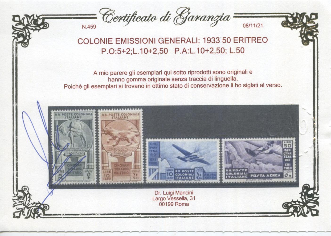 Scansione lotto: COLONIE EMISSIONI GENERALI 1933 VARI 16V. 2 **  CERT.