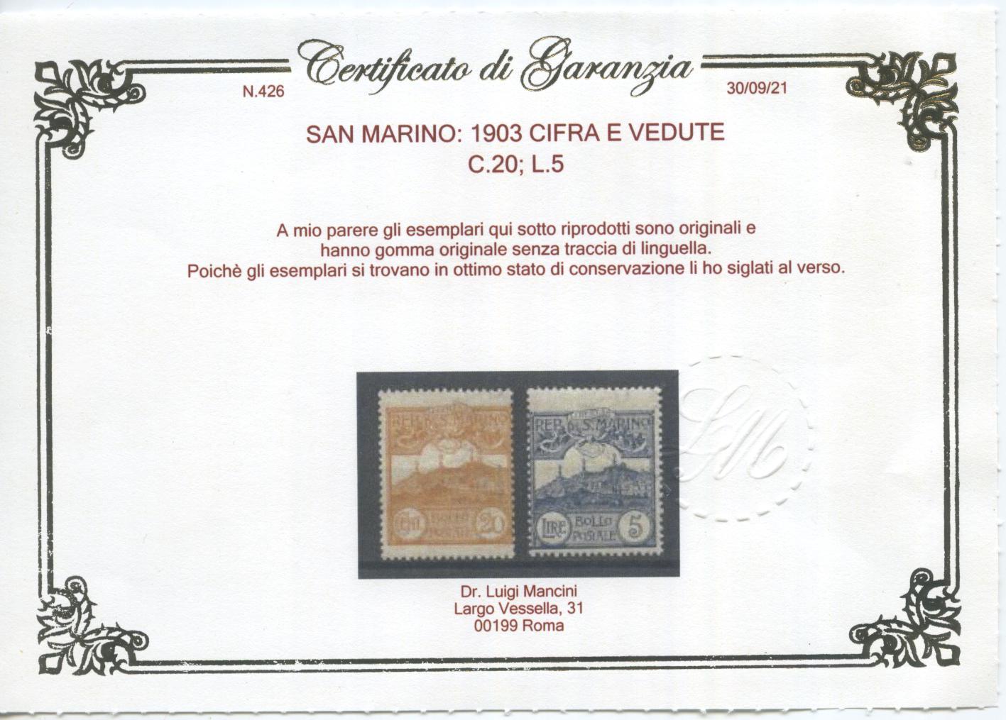 Scansione lotto: SAN MARINO 1903 CIFRA E VEDUTE 11V. 7 **  CERT.