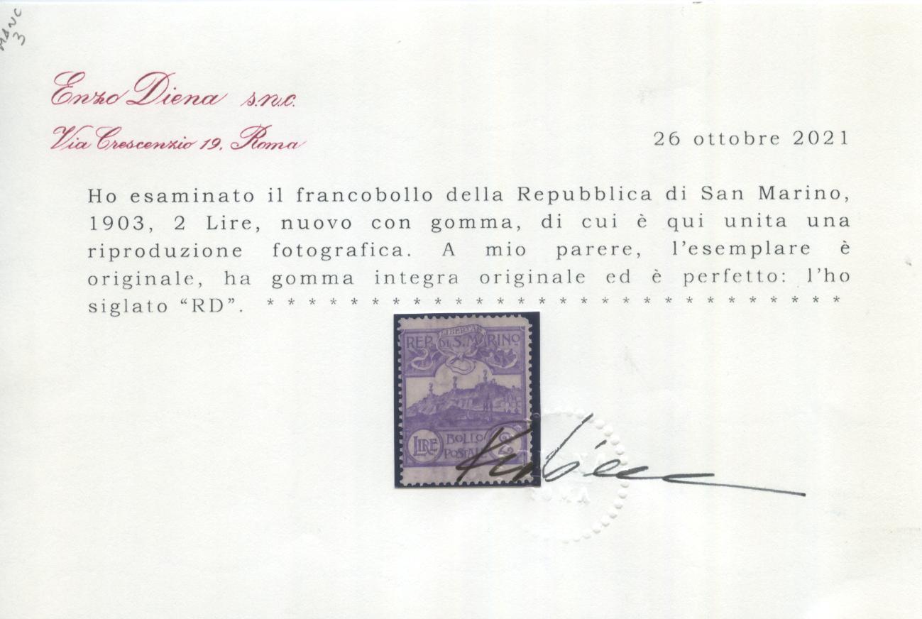 Scansione lotto: SAN MARINO 1903 L.2 VIOLETTO **  CERT.