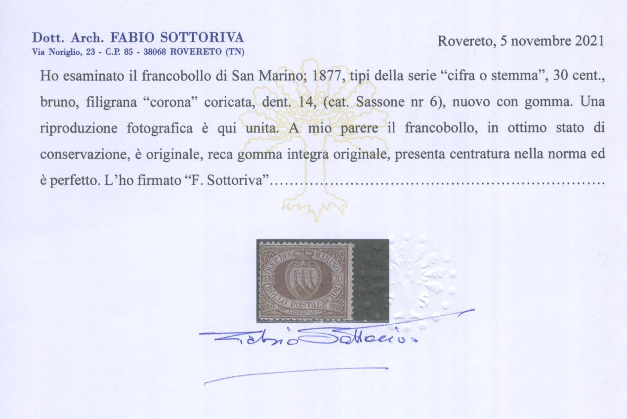 Scansione lotto: SAN MARINO 1877 30C. **  CERT.