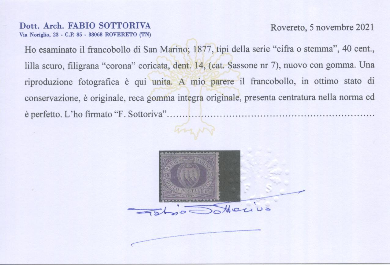 Scansione lotto: SAN MARINO 1877 40C. LILLA 3 **  CERT.