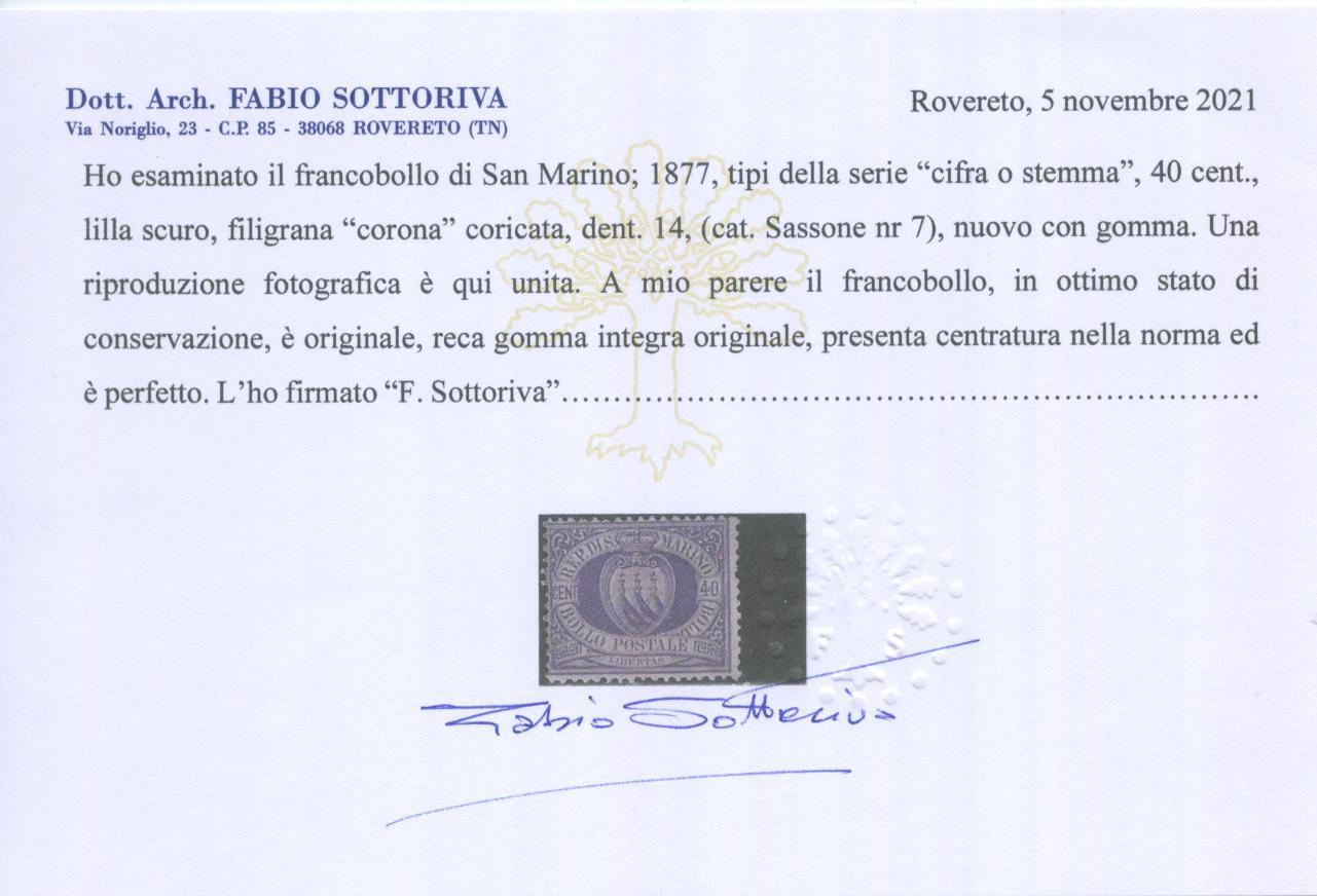 Scansione lotto: SAN MARINO 1877 40C. LILLA **  CERT.