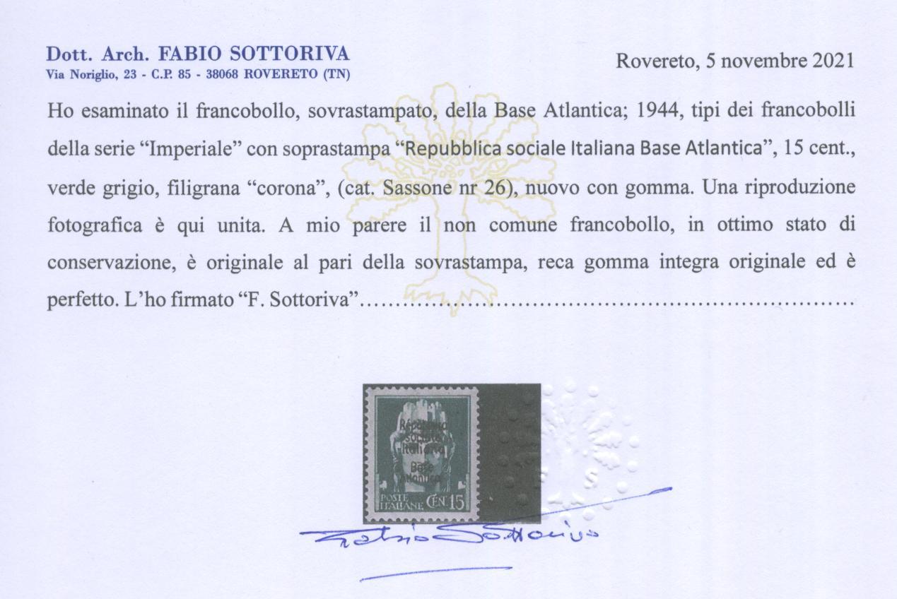 Scansione lotto: ITALIA EMISSIONI LOC 1944 BASE ATLANT. N.26 2 **  CERT.