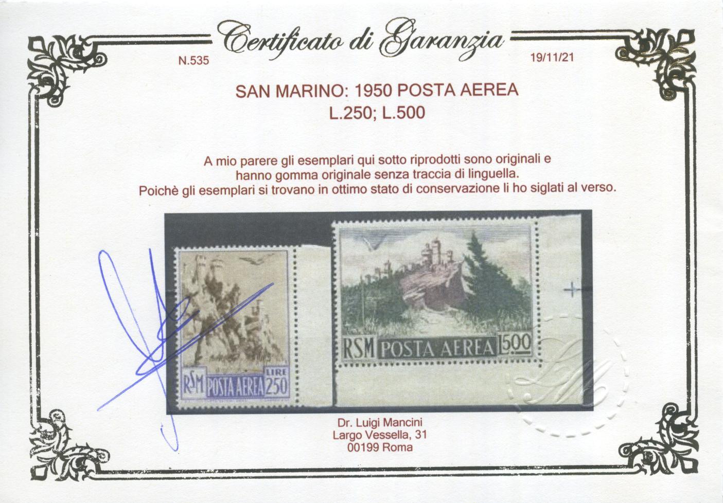 Scansione lotto: SAN MARINO 1950 POSTA AEREA 9V. 7 ** LUSSO CERT.