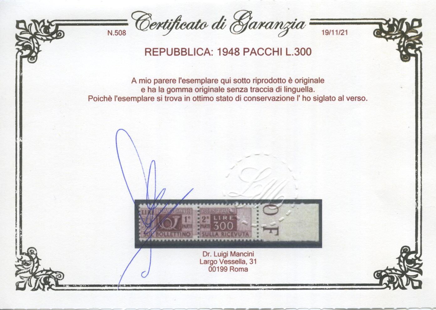 Scansione lotto: REPUBBLICA 1948 L.300 PACCHI 5 **  CERT.