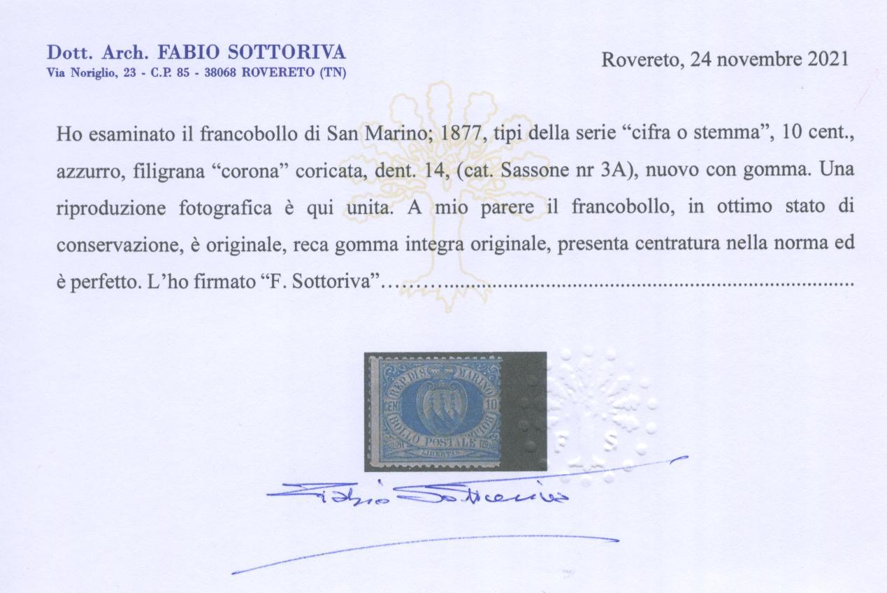 Scansione lotto: SAN MARINO 1888 10C. AZZURRO N.3A 2 **  CERT.