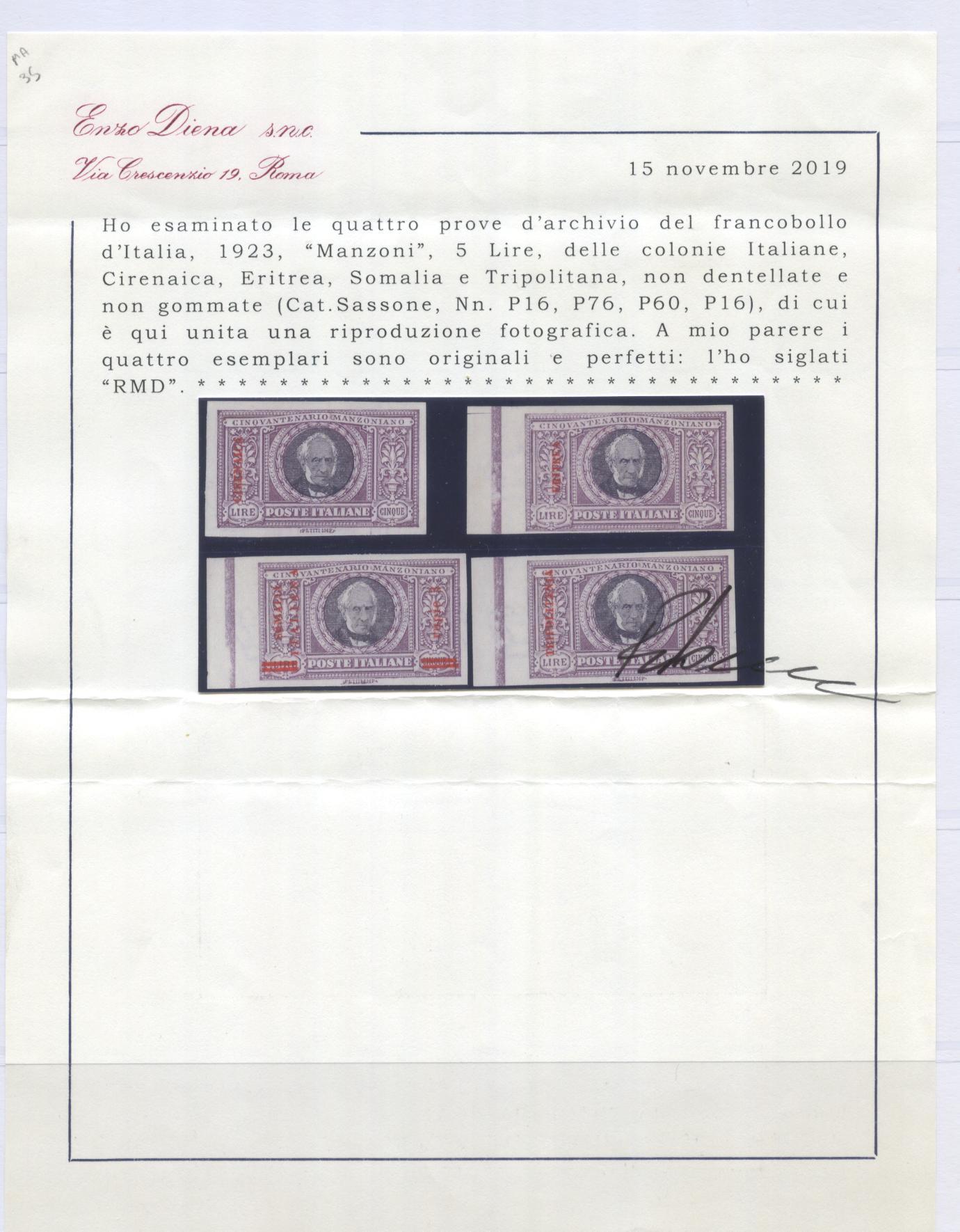 Scansione lotto: COLONIE GIRI 1924 MANZONI 24V. PROVE SG  CERT.