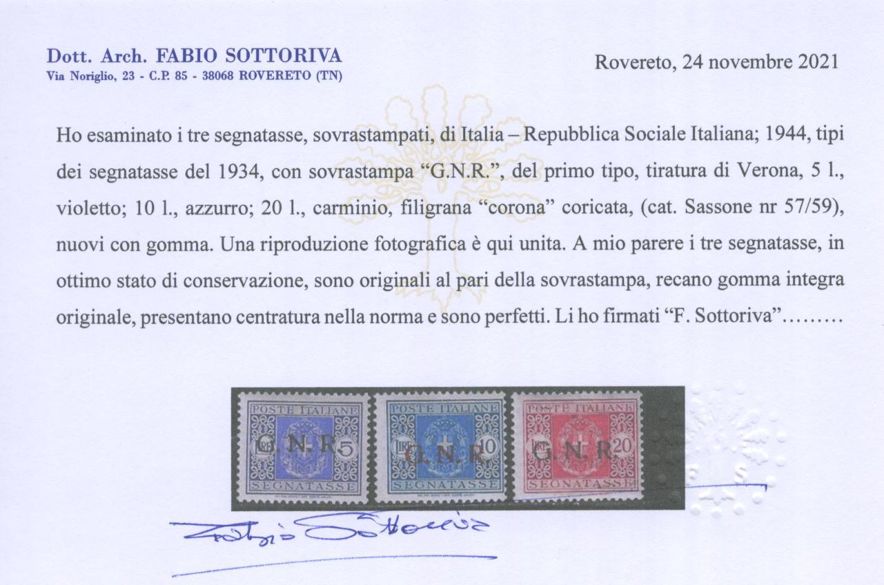 Scansione lotto: RSI E LUOGOTENENZA 1944 TASSE GNR 13V. 8 **  CERT.