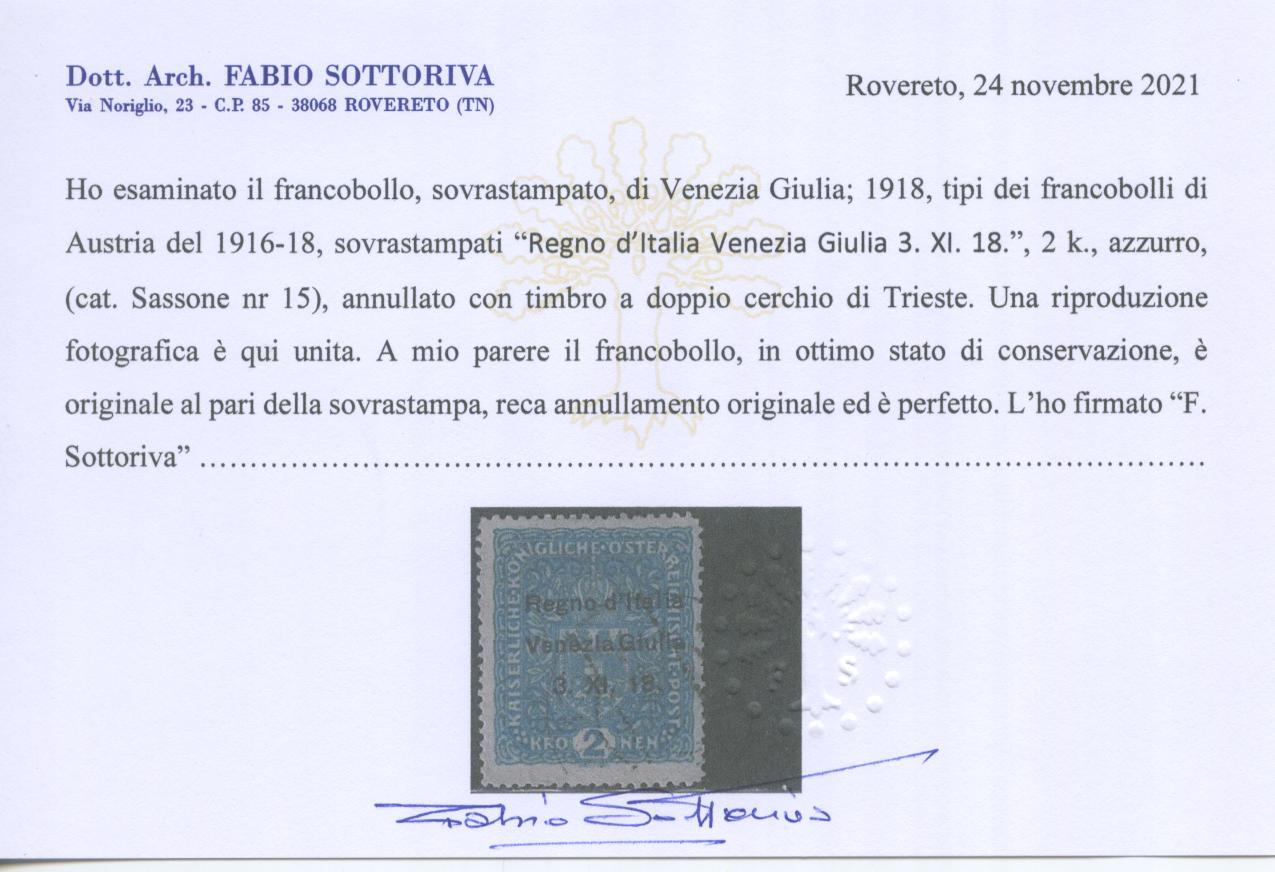 Scansione lotto: OCCUPAZIONI VENEZIA GIULIA 1918 2K. US.  CERT.