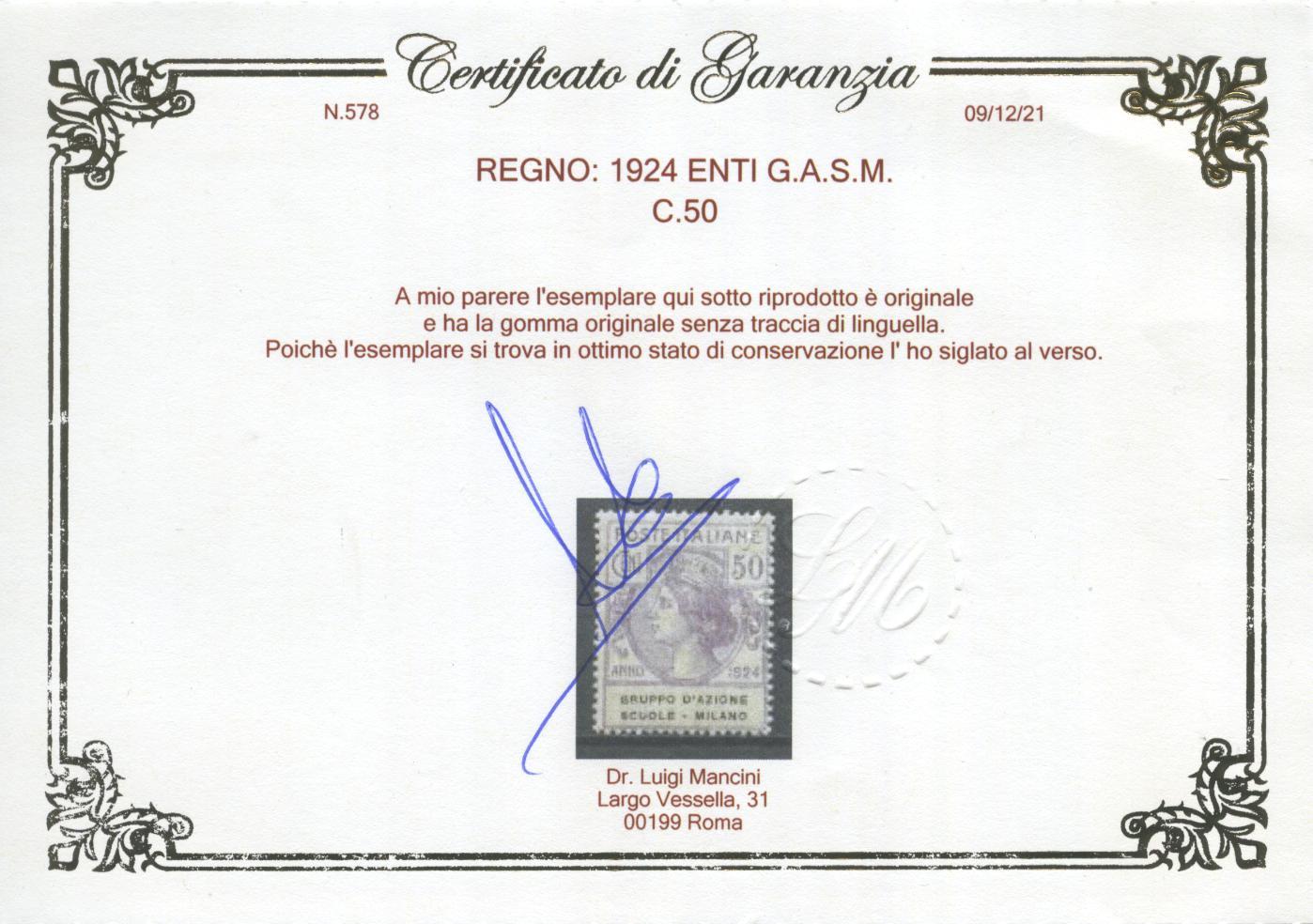 Scansione lotto: REGNO 1924 ENTI G.A.S.M. 4V. 7 **  CERT.