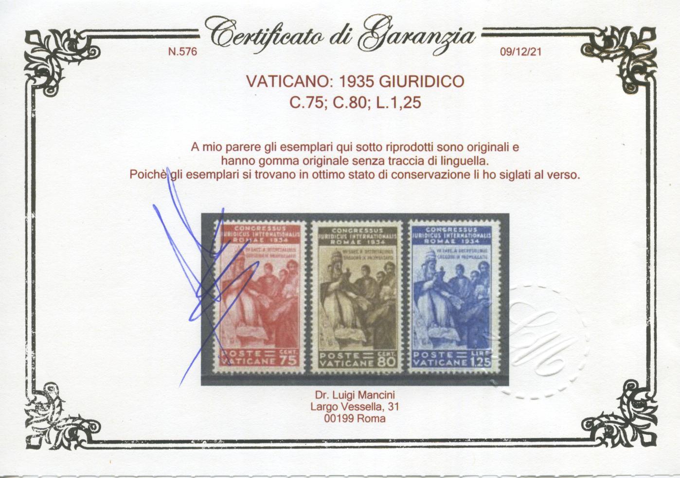 Scansione lotto: VATICANO 1935 GIURIDICO 6V. 7 **  CERT.