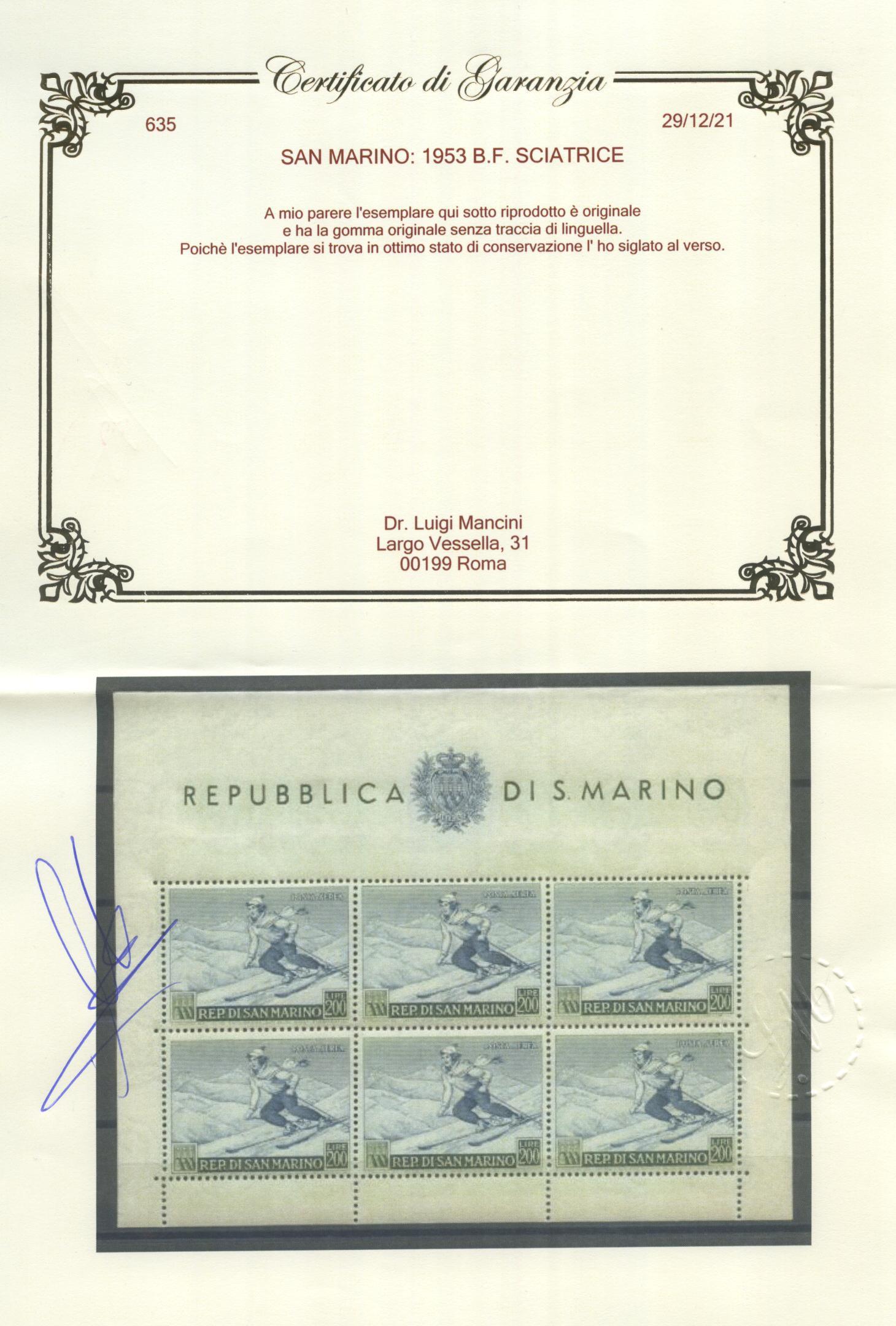 Scansione lotto: SAN MARINO 1953 B.F. SCIATRICE 2 ** CENTRATO CERT.