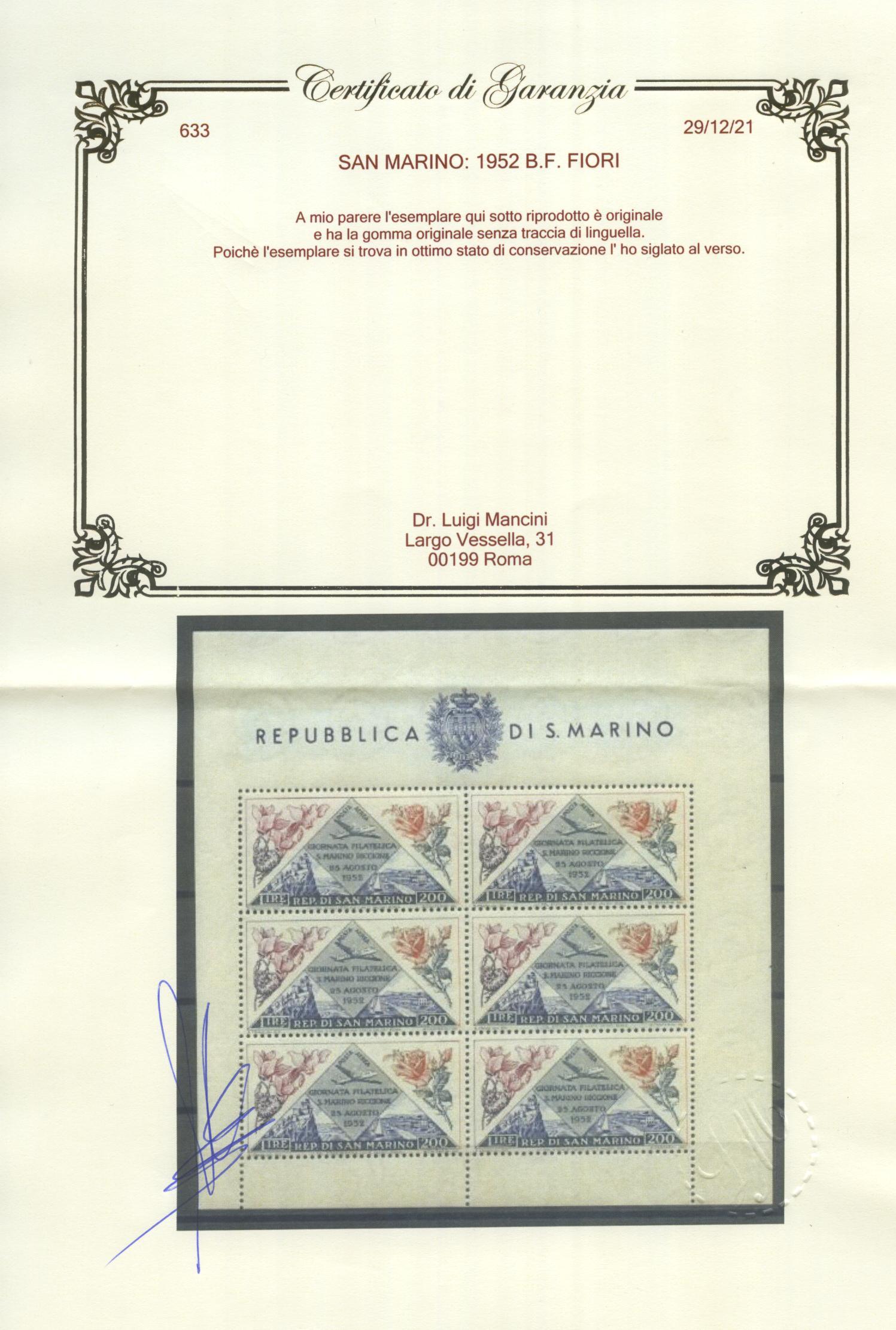 Scansione lotto: SAN MARINO 1952 B.F. FIORI ** CENTRATO CERT.