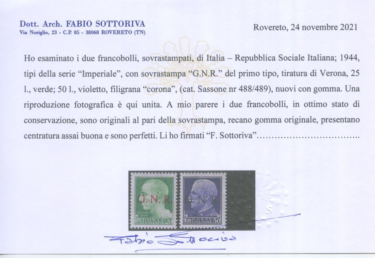 Scansione lotto: RSI E LUOGOTENENZA 1944 L.20 E L.50 SOVR. *  CERT.