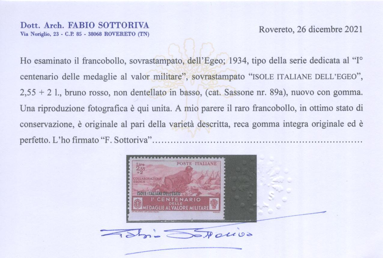 Scansione lotto: COLONIE EGEO 1934 L.2,55+L.2(n.d.in basso) LX **  CERT.