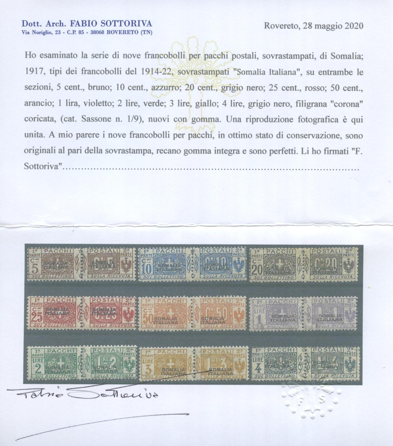 Scansione lotto: COLONIE SOMALIA 1917/9 PACCHI 9V. ** CENTRATO CERT.