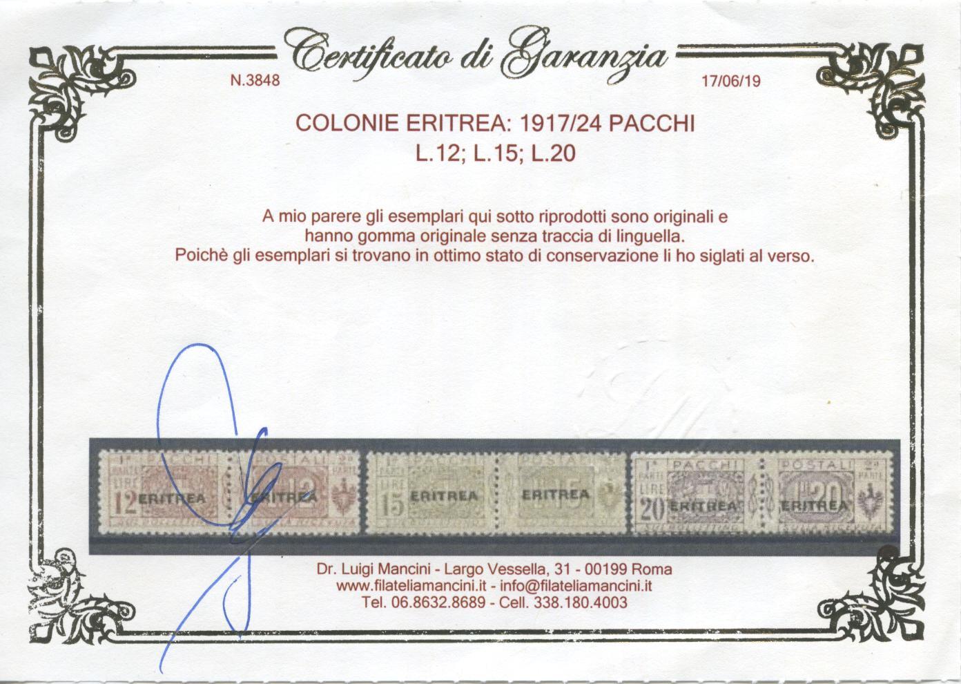 Scansione lotto: COLONIE ERITREA 1917/24 PACCHI 13V. 3 **  CERT.