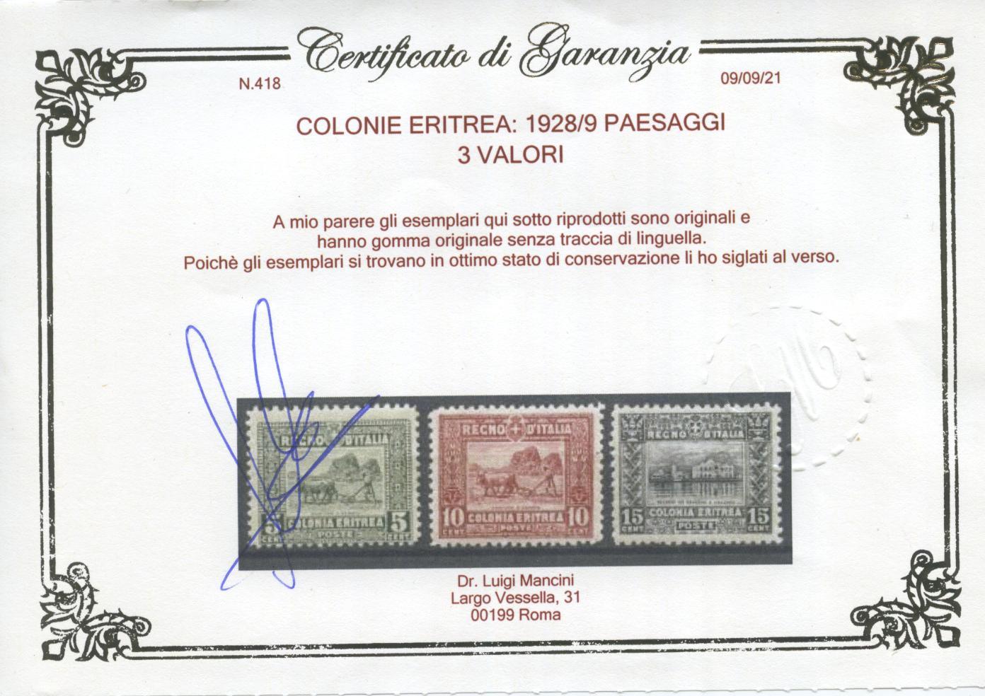 Scansione lotto: COLONIE ERITREA 1928/9 PAESAGGI 3V. 3 **  CERT.