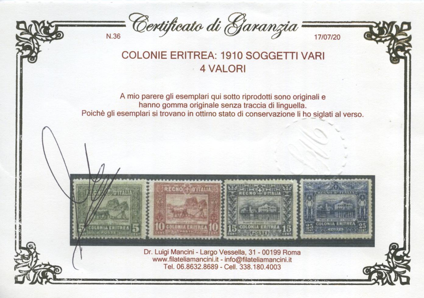 Scansione lotto: COLONIE ERITREA 1910 SOGGETTI VARI 4V. CENTR. **  CERT.