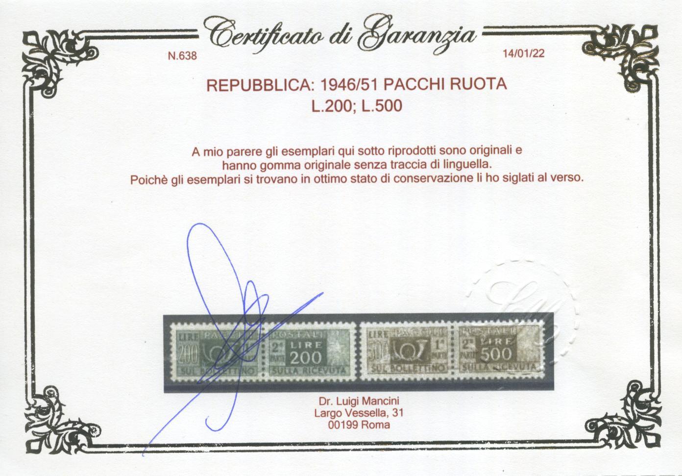 Scansione lotto: REPUBBLICA 1946/51 PACCHI RUOTA 14V. 11 ** LUSSO CERT.