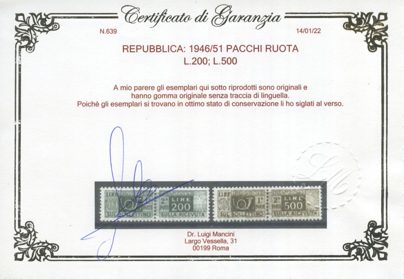 Scansione lotto: REPUBBLICA 1946/51 PACCHI RUOTA 14V. 10 ** LUSSO CERT.
