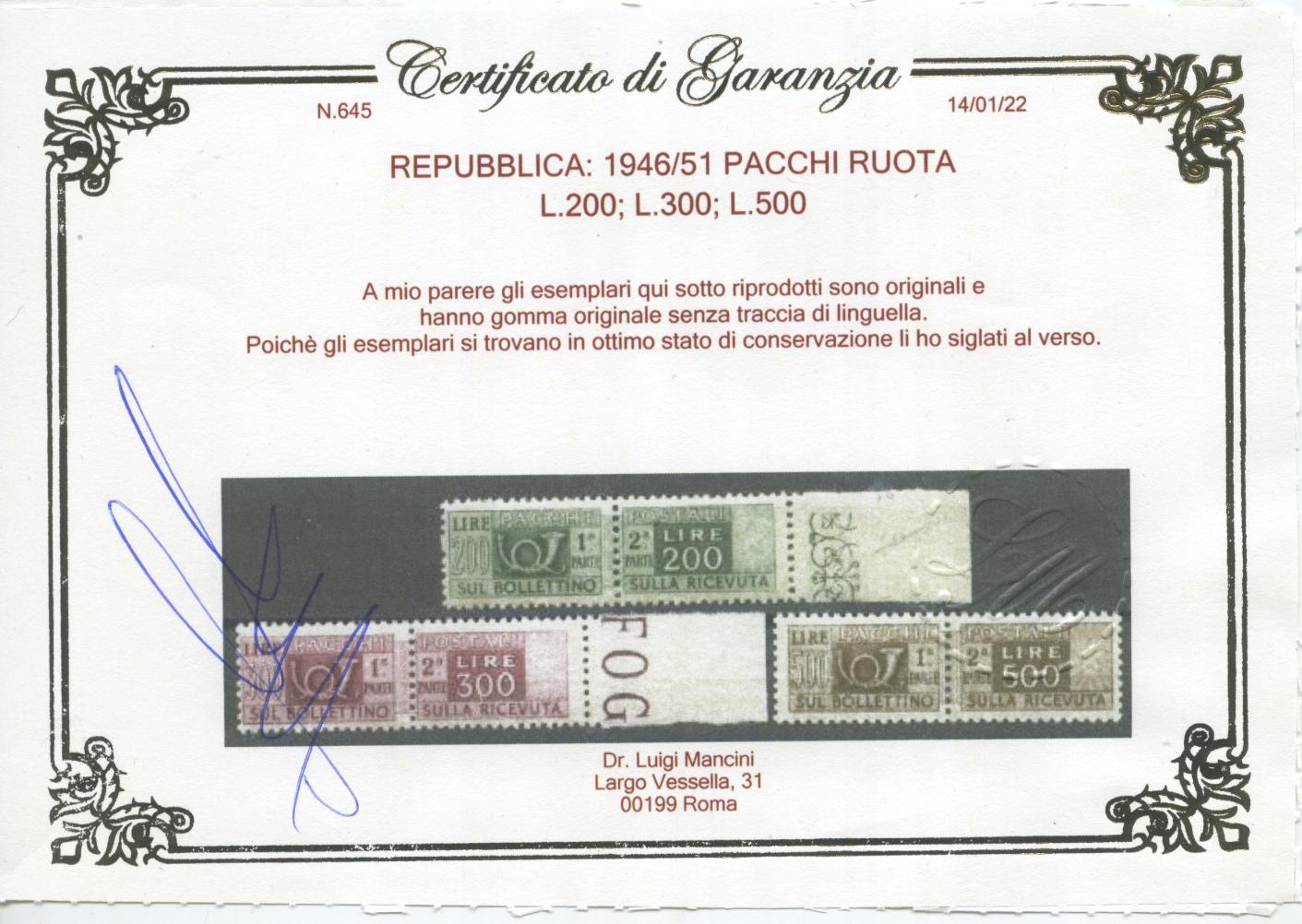 Scansione lotto: REPUBBLICA 1946/51 PACCHI RUOTA 15V. 4 CENTR. **  CERT.