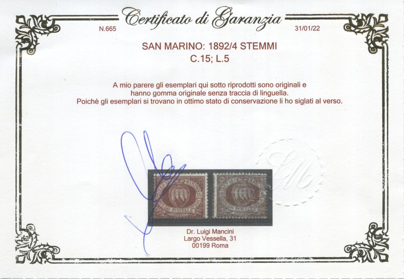 Scansione lotto: SAN MARINO 1892/4 STEMMI 10V. **  CERT.