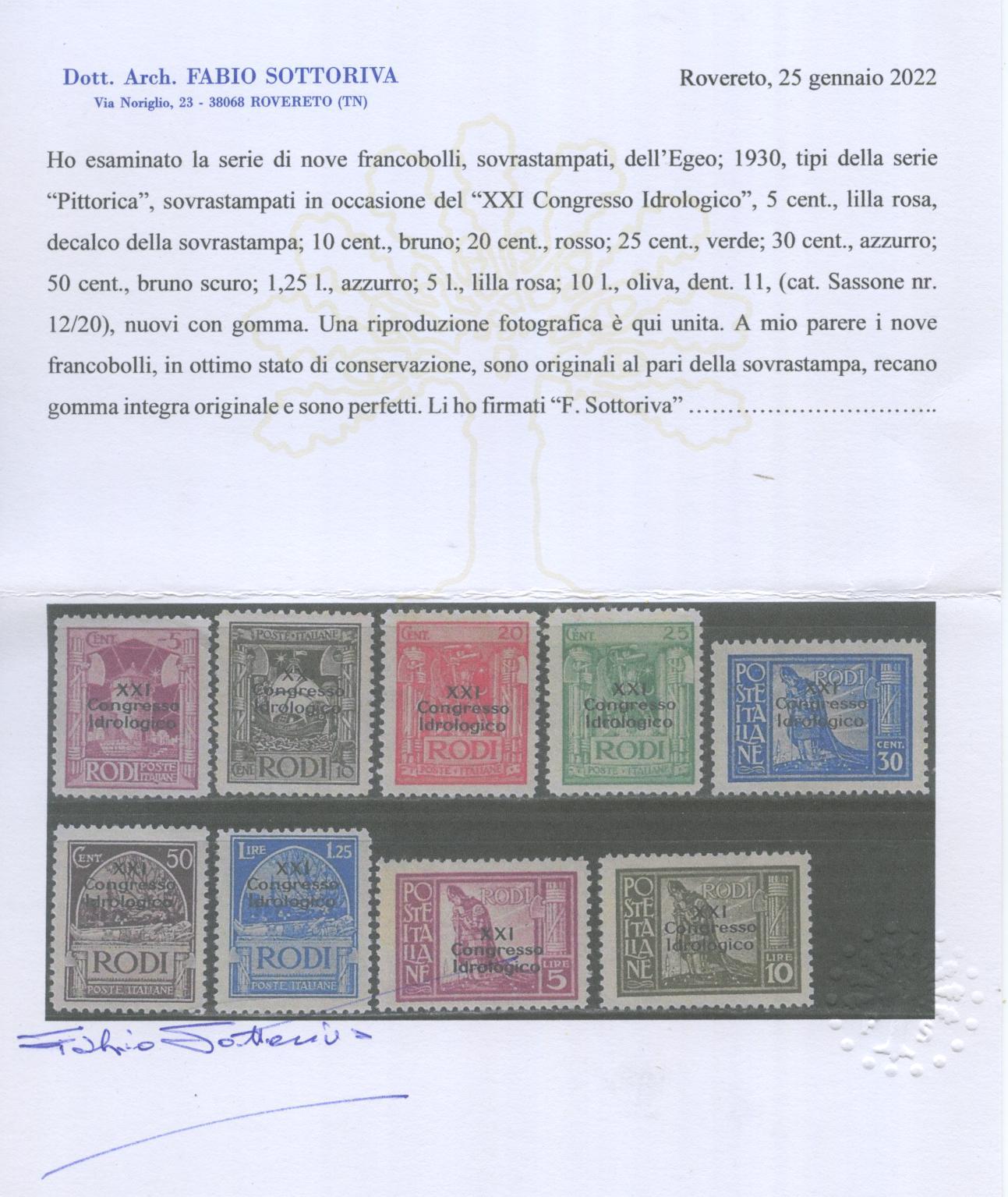 Scansione lotto: COLONIE EGEO 1930 IDROLOGICO 9V. 5 **  CERT.