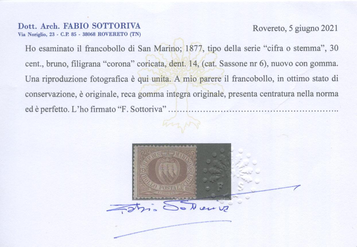 Scansione lotto: SAN MARINO 1877 30C. 6 **  CERT.