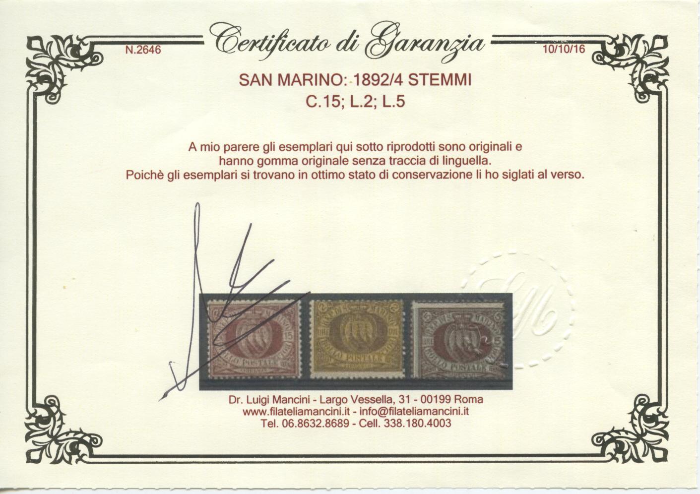 Scansione lotto: SAN MARINO 1892/4 STEMMI 10V. 4 **  CERT.