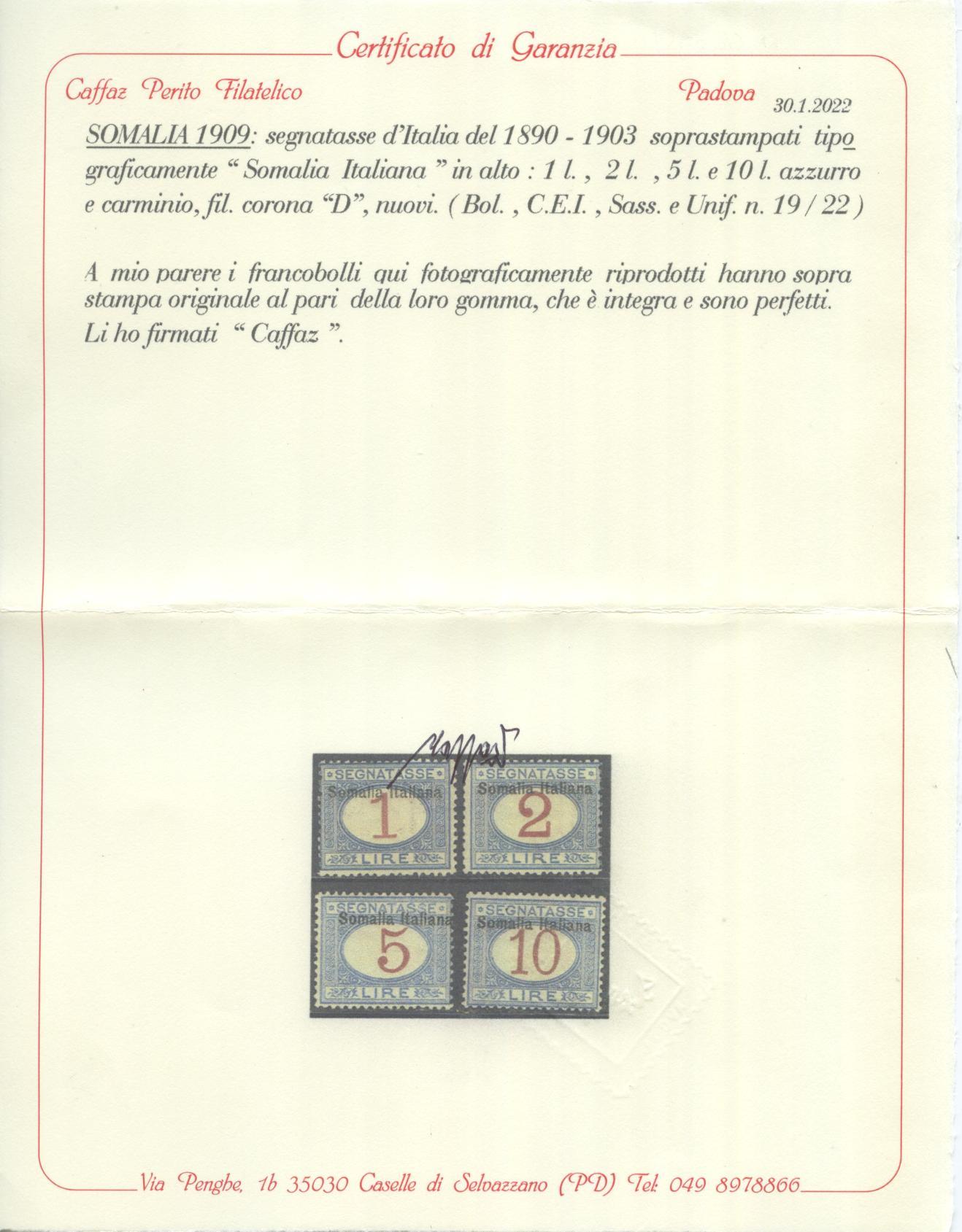 Scansione lotto: COLONIE SOMALIA 1909 TASSE 11V. 3 ** CENTRATO CERT.