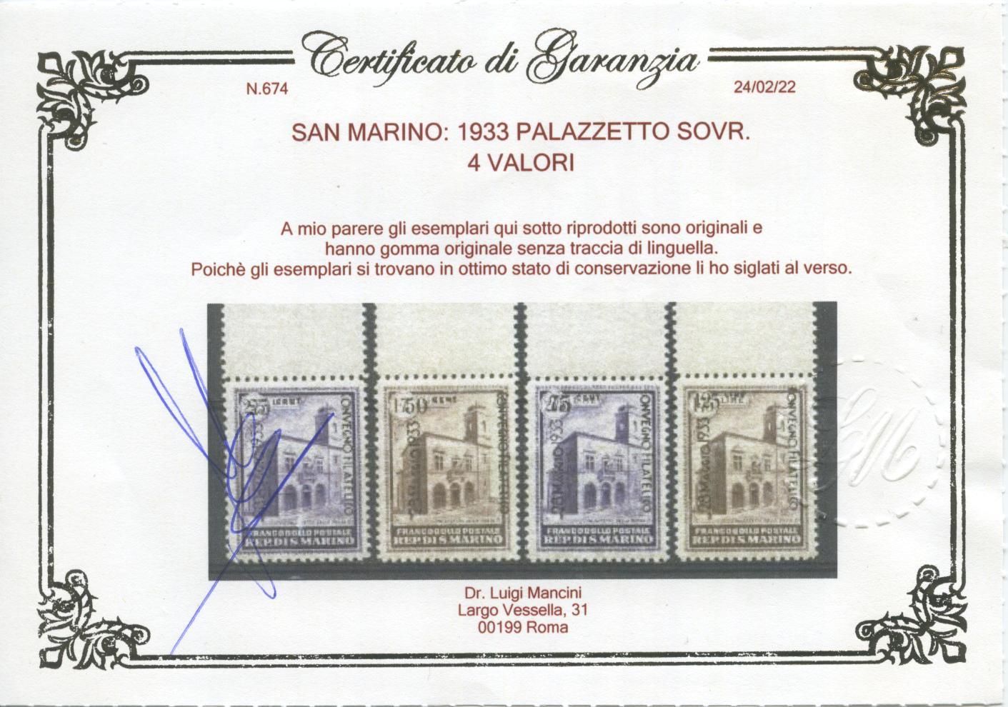 Scansione lotto: SAN MARINO 1933 PALAZZETTO SOVR. 4V. 3 ** LUSSO CERT.