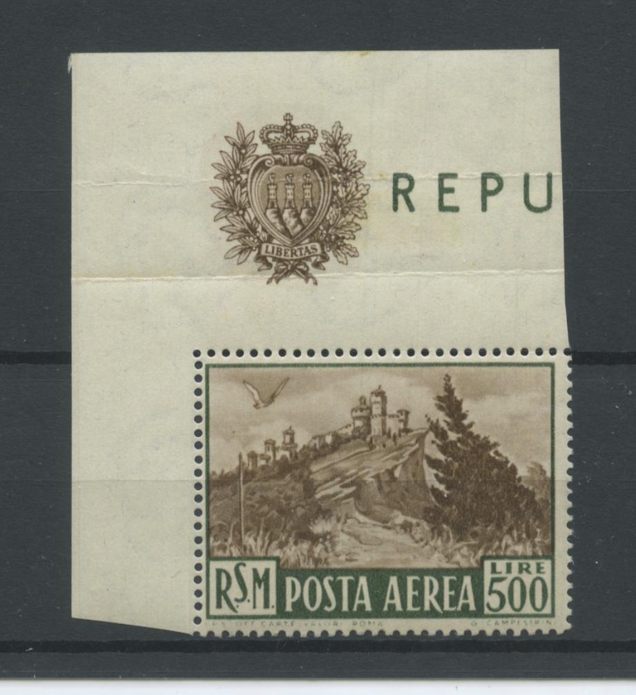 Scansione lotto: SAN MARINO 1951 POSTA AEREA L.500 2 ** LUSSO