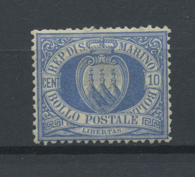 Scansione lotto: SAN MARINO 1888 10C. AZZURRO N.3A 2 ** CENTRATO CERT.